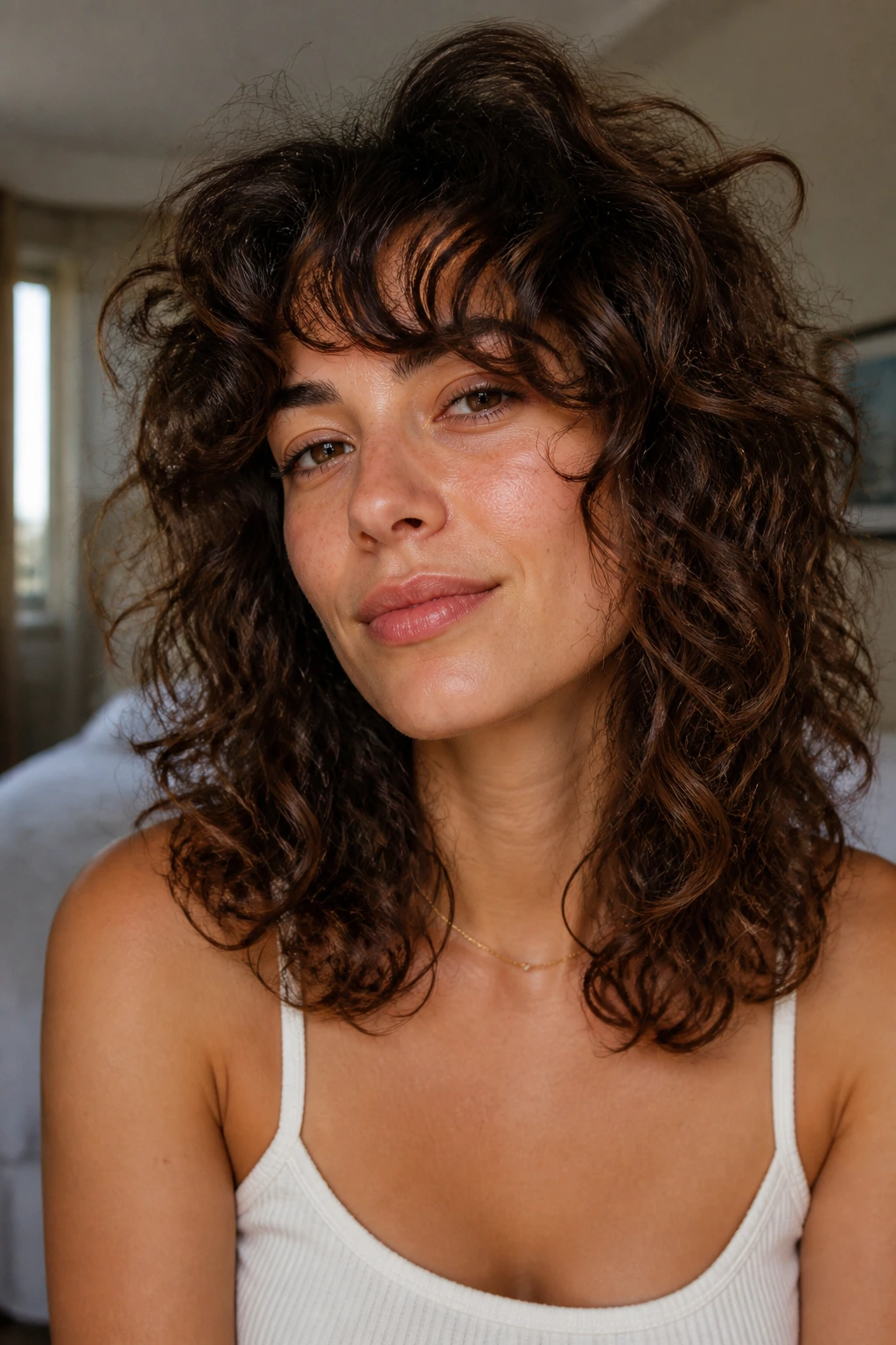 Close-up portrait of a real woman with a medium curly shag, crown lift and textured ends.