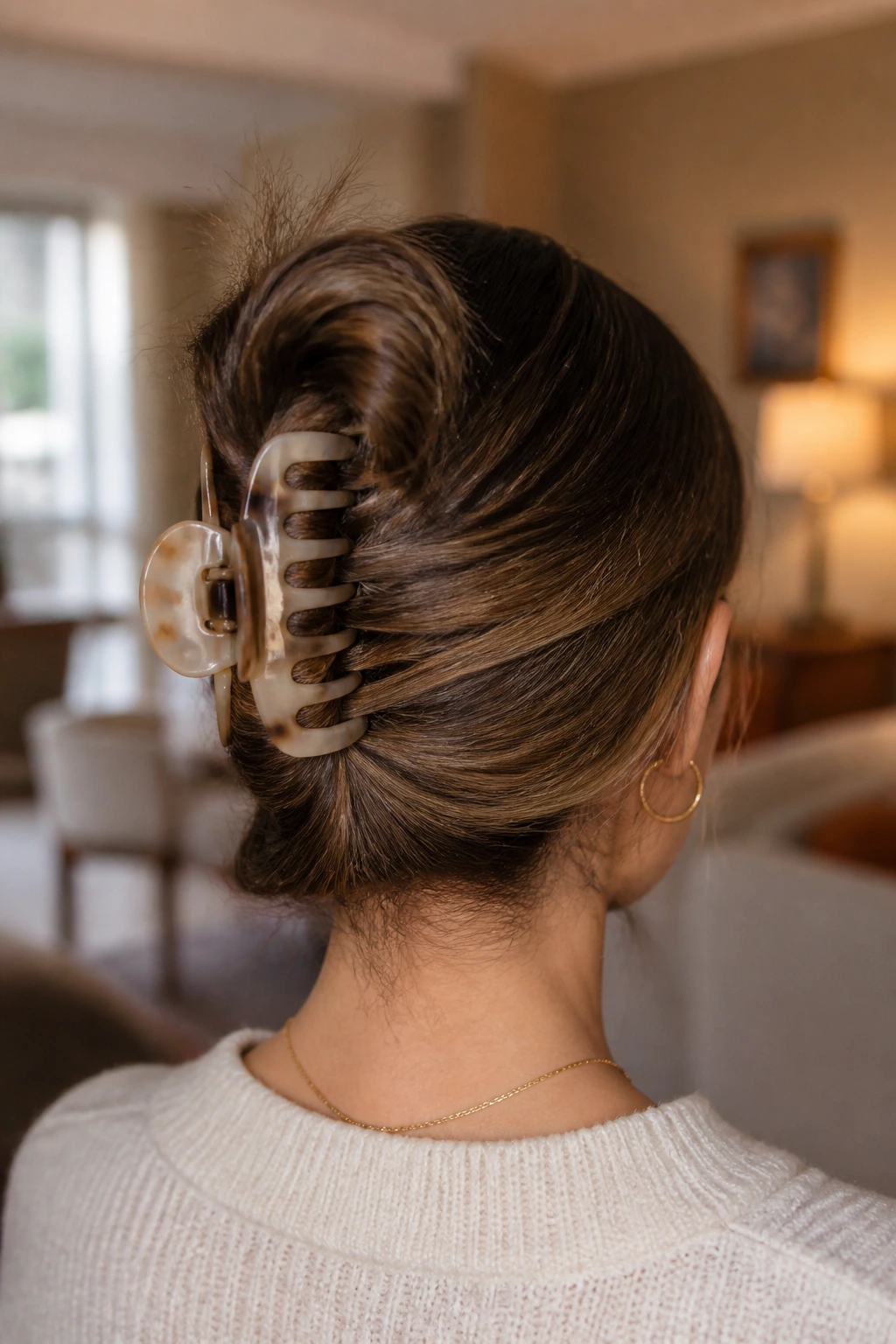Rear view of a real woman with a twist tucked and secured by a claw clip.
