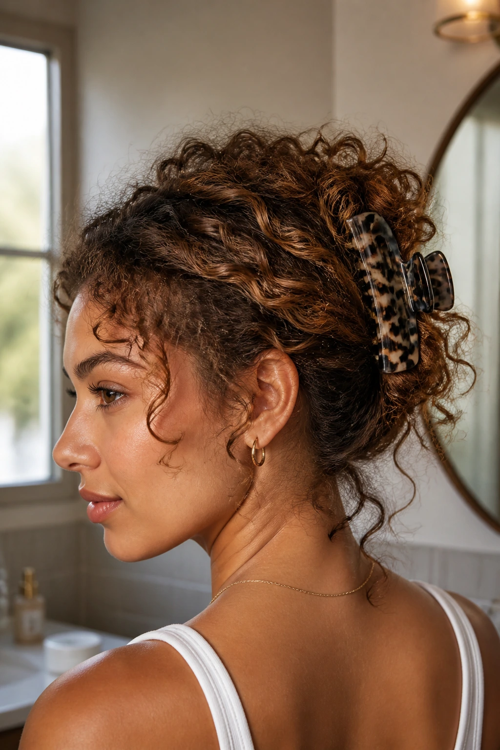 Close-up of a real woman wearing a claw-clip twist-up hairstyle with ends spilling and back volume