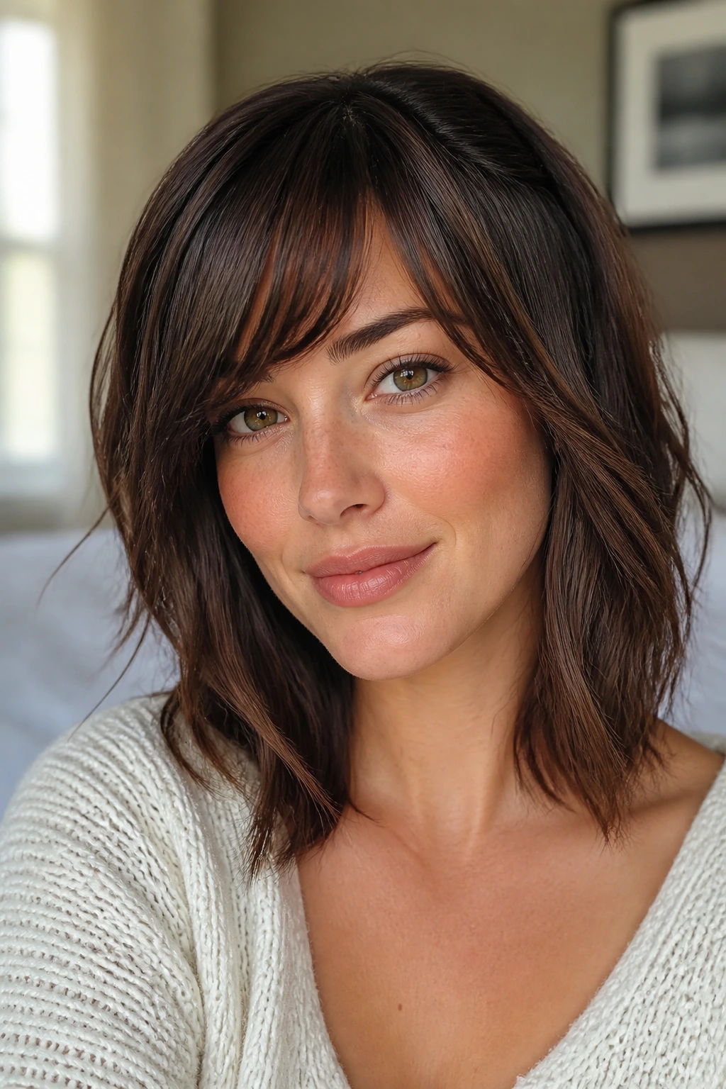 Close-up of a real woman wearing clip-in bangs blended with natural hair