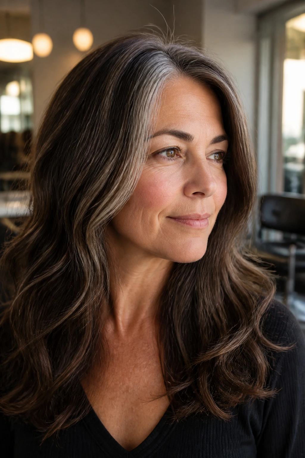 Close-up of a real woman showing coffee-toned lowlights blending with grey hair