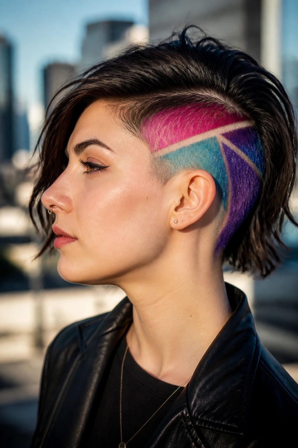 Close-up portrait of real person with color-blocked undercut and bright panels