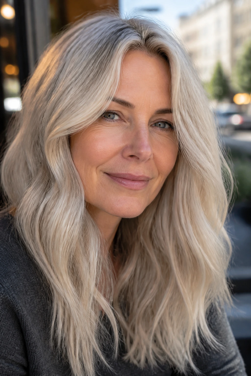 Real woman with cool champagne blonde hair in outdoor cafe light