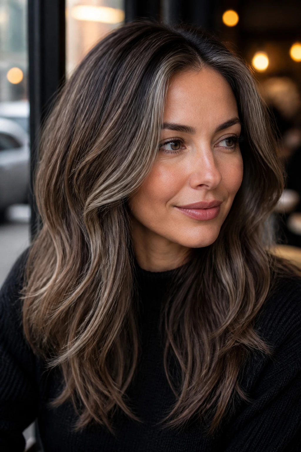 Close-up portrait of a real woman with cool-toned mocha hair