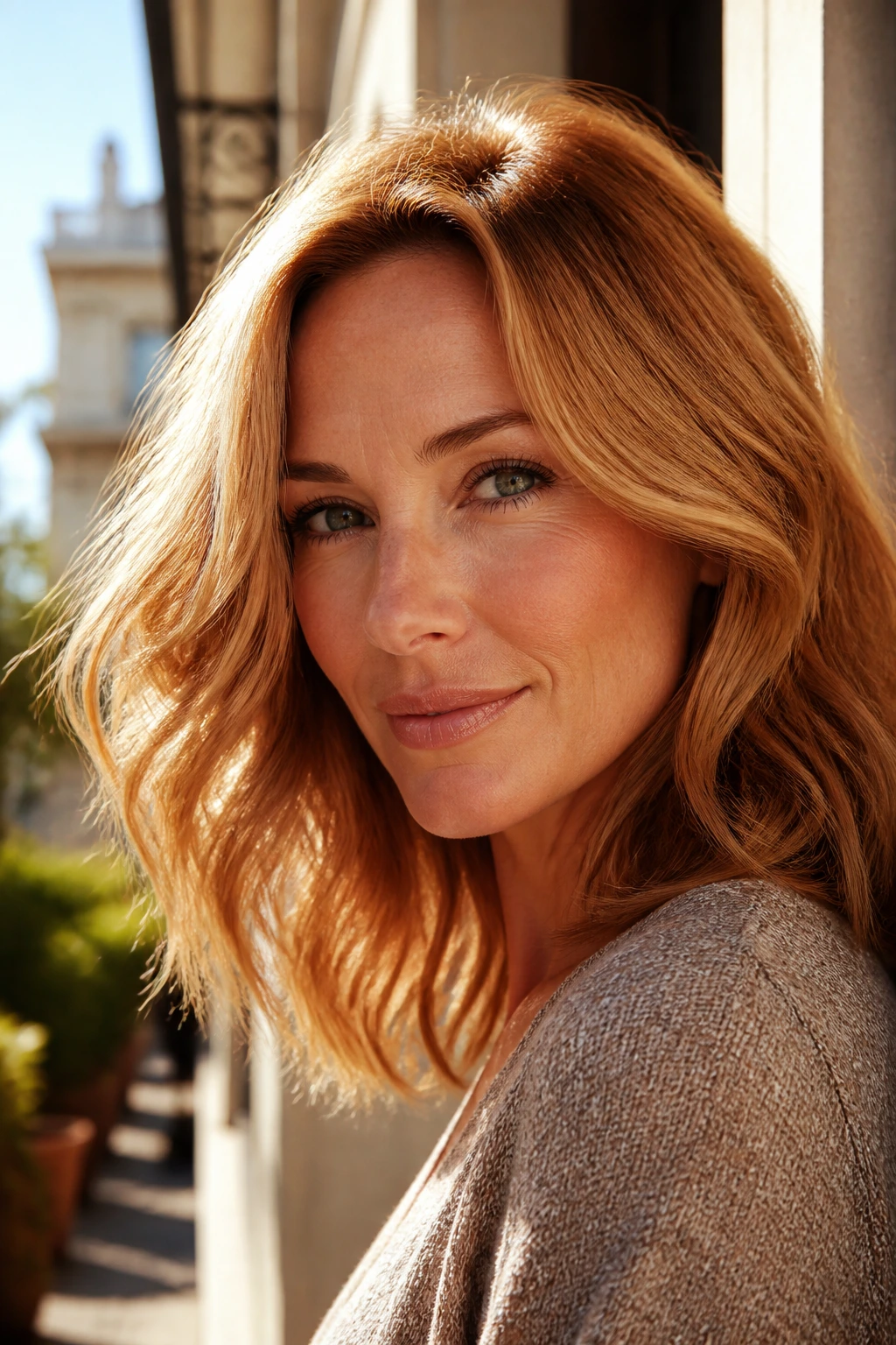 Close-up of a real woman with copper-blonde hair in golden hour light
