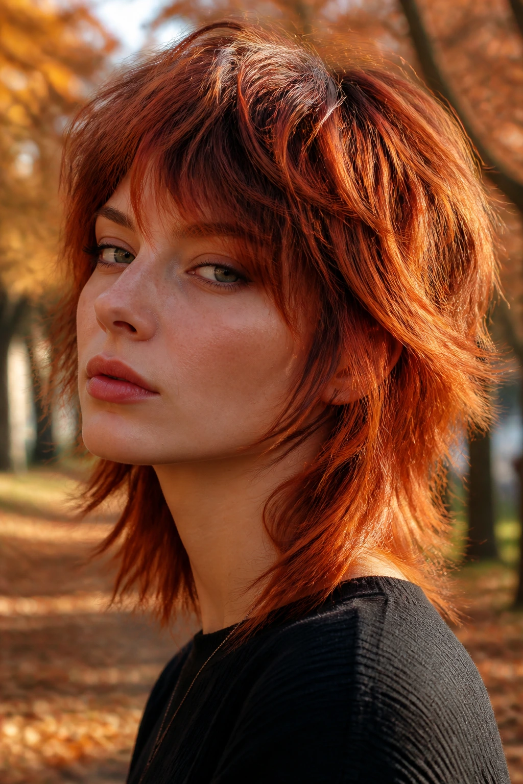 Close-up portrait of a real person with copper and burnt orange wolf cut