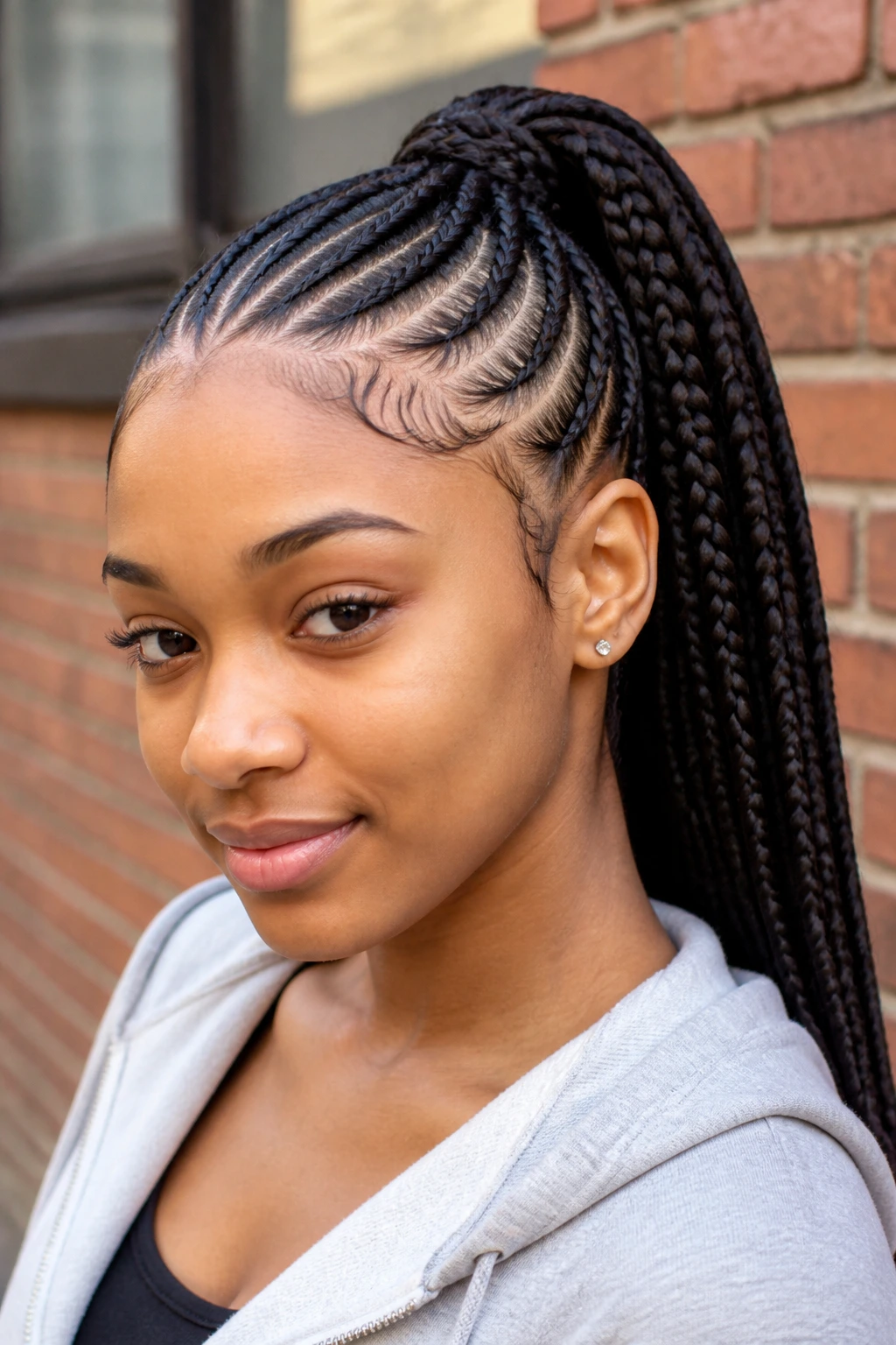 Teen girl with cornrows and a high ponytail against a brick wall