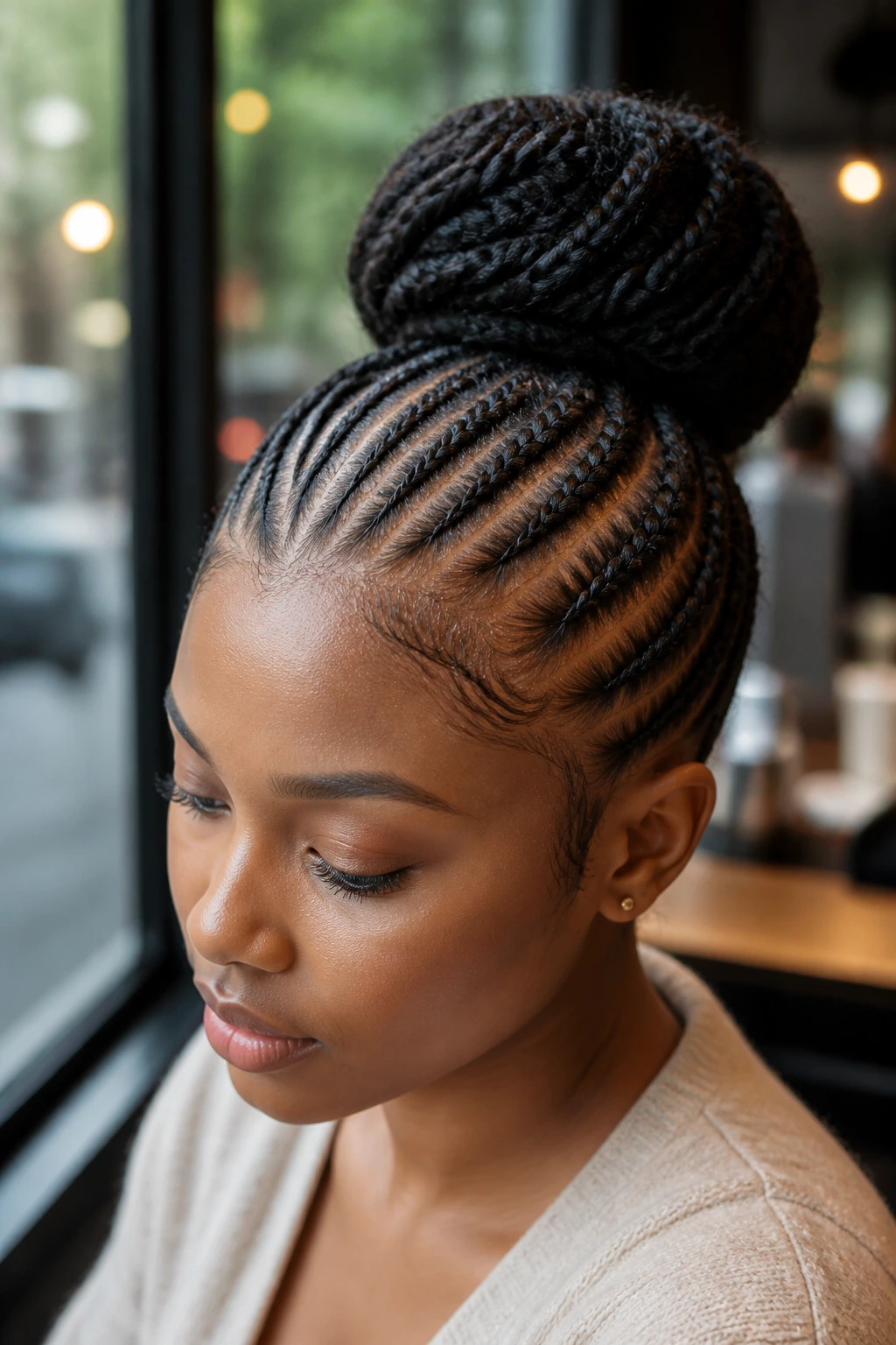 Close-up of a real person with cornrows feeding into a high bun