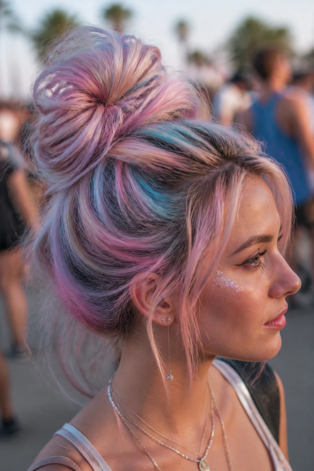 Close-up portrait of a real woman with pastel chalk in a cotton candy messy bun at a festival