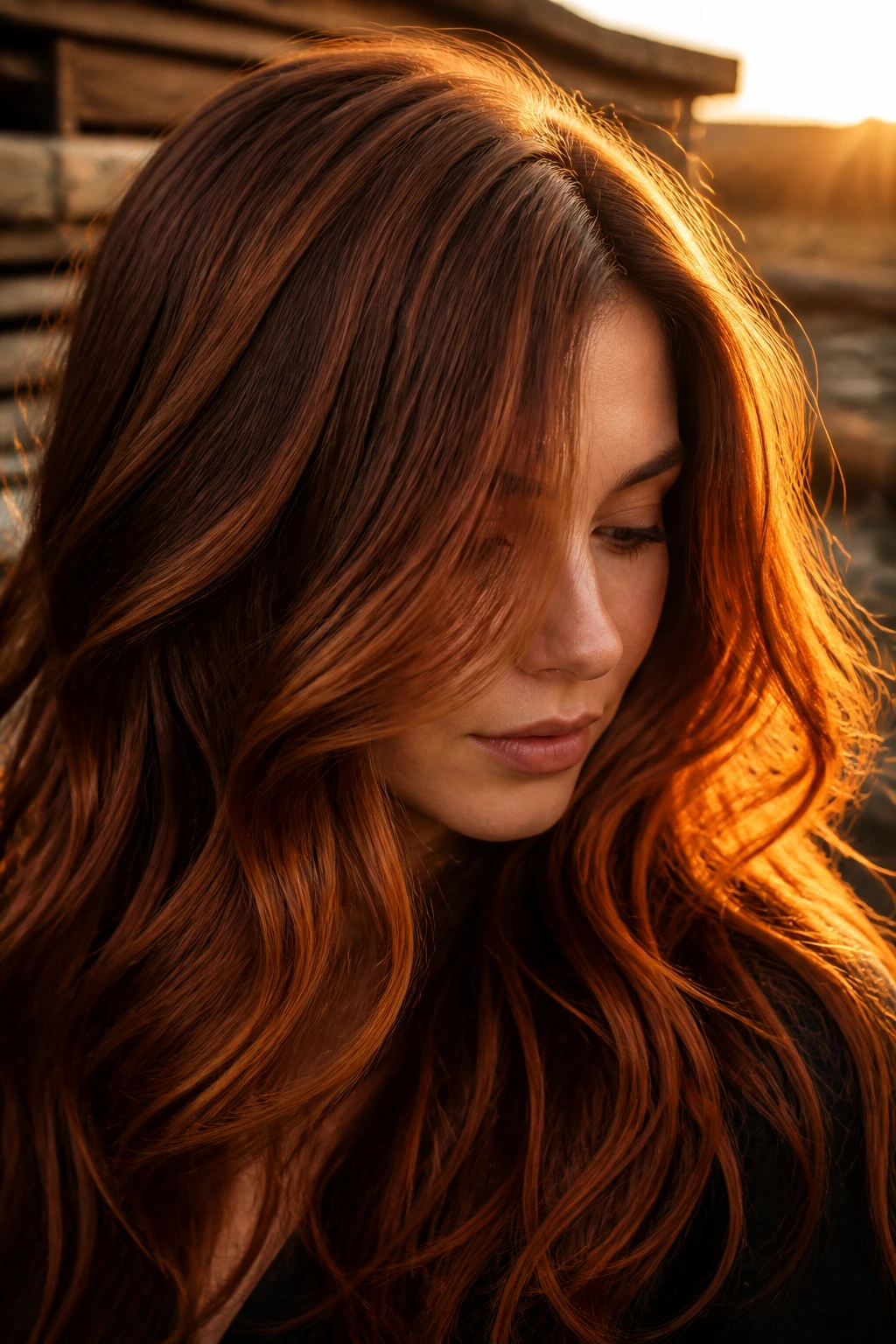 Portrait of a real person with cowboy copper hair in warm golden hour light