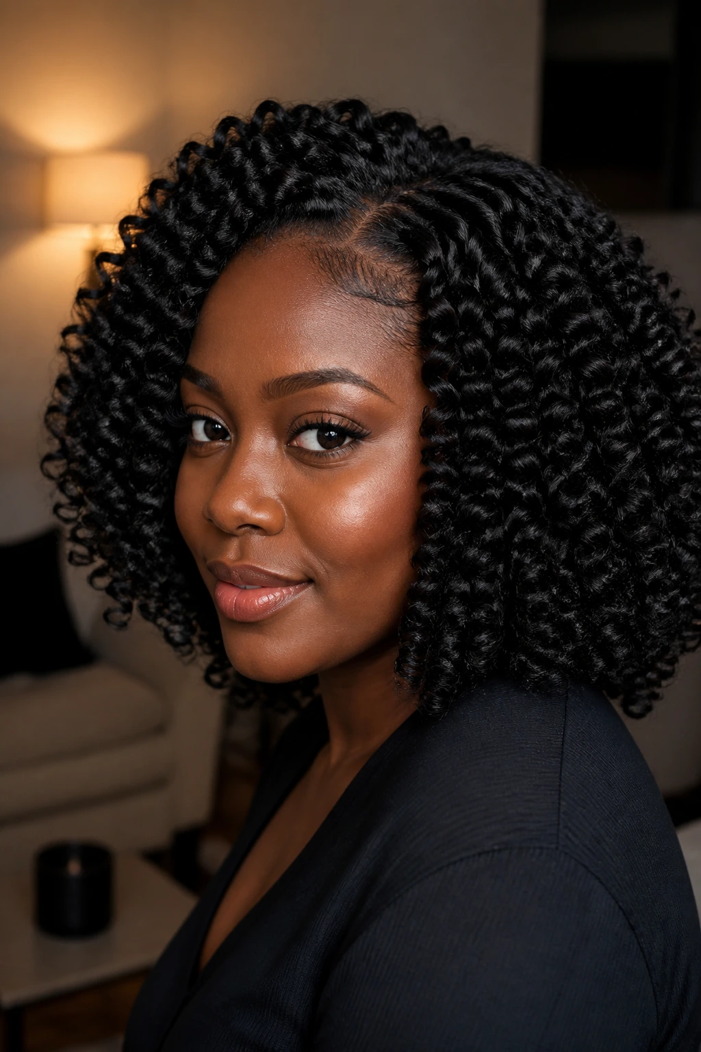 Close-up of a real person wearing crochet braids blending with 4c hair