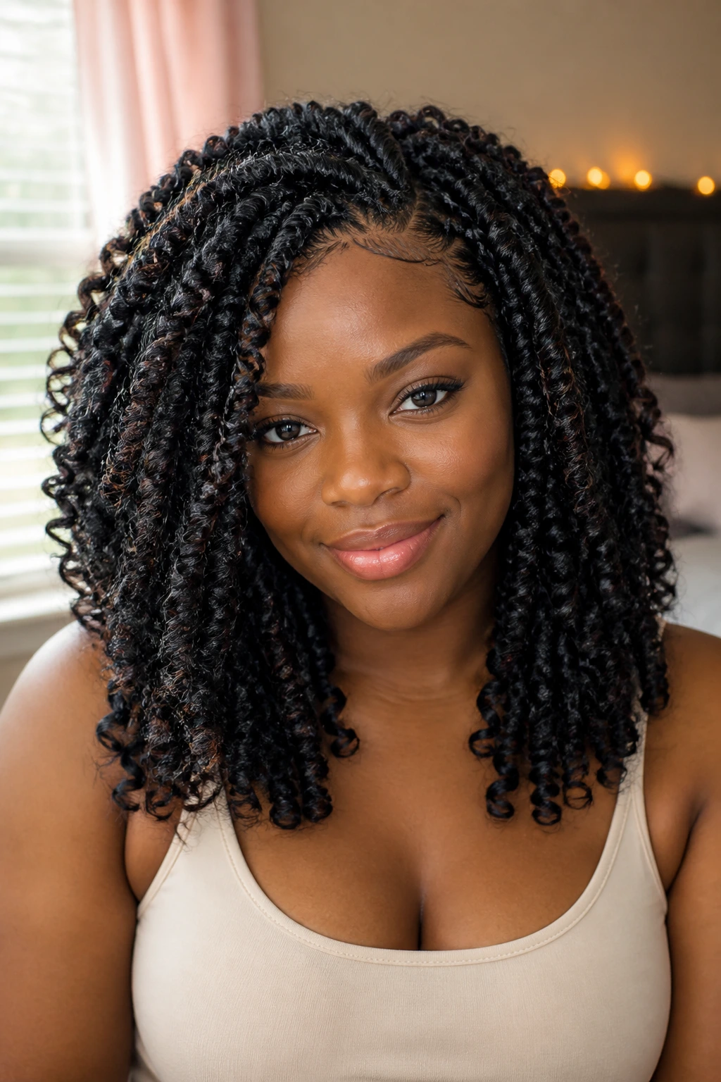 Close-up of a real woman with crochet braids in a protective hairstyle