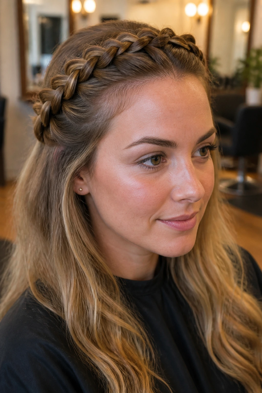 Close-up of a real woman with a crown Dutch braid along the hairline