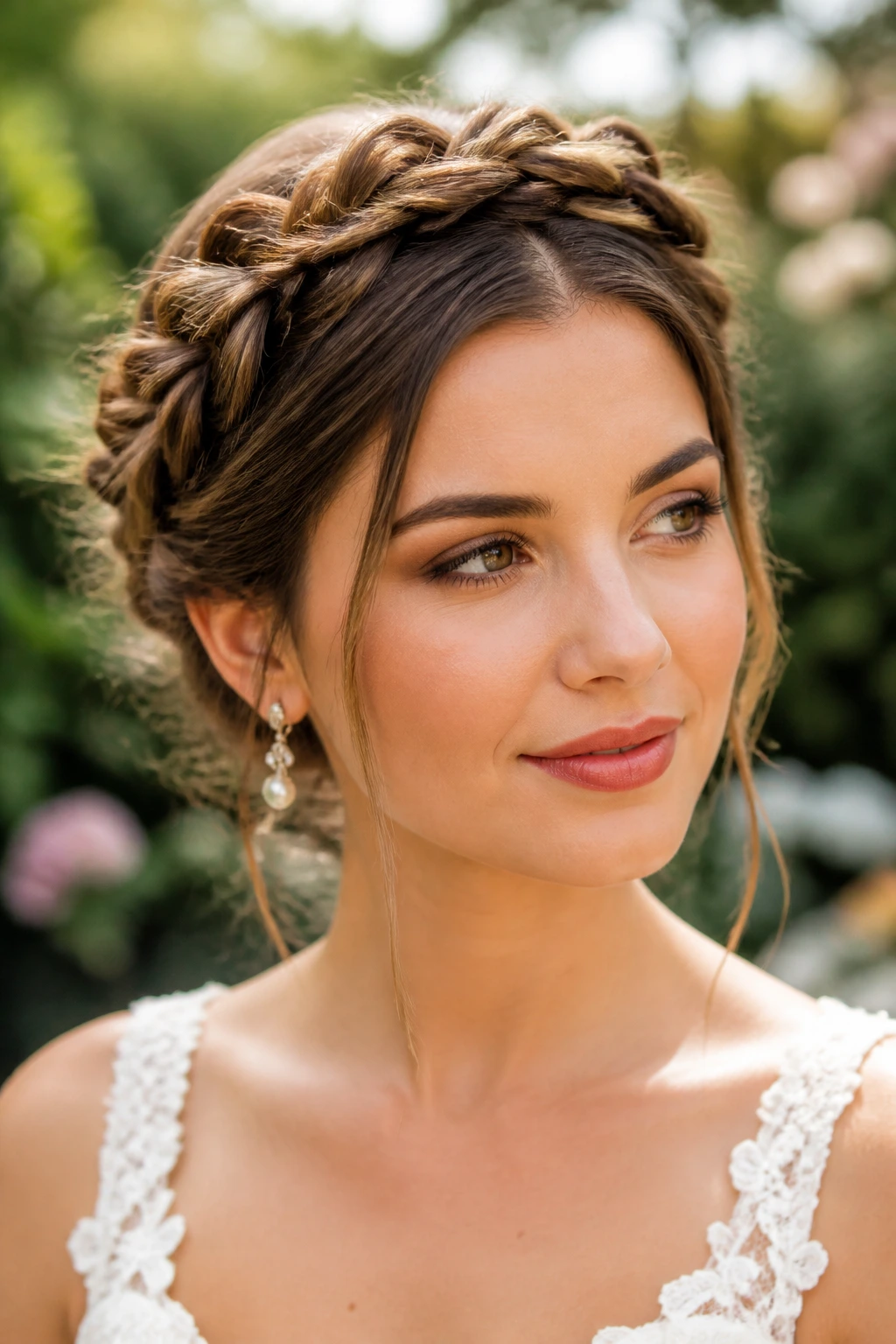 Close up of a real woman wearing a Bohemian Crown Braid in an outdoor garden setting