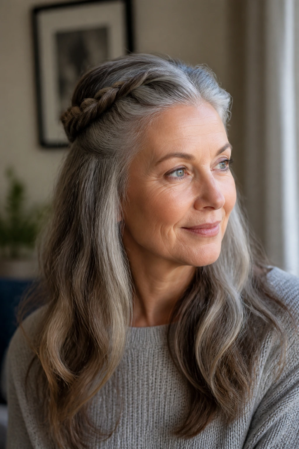Close-up of a woman with crown twists at the crown of her head