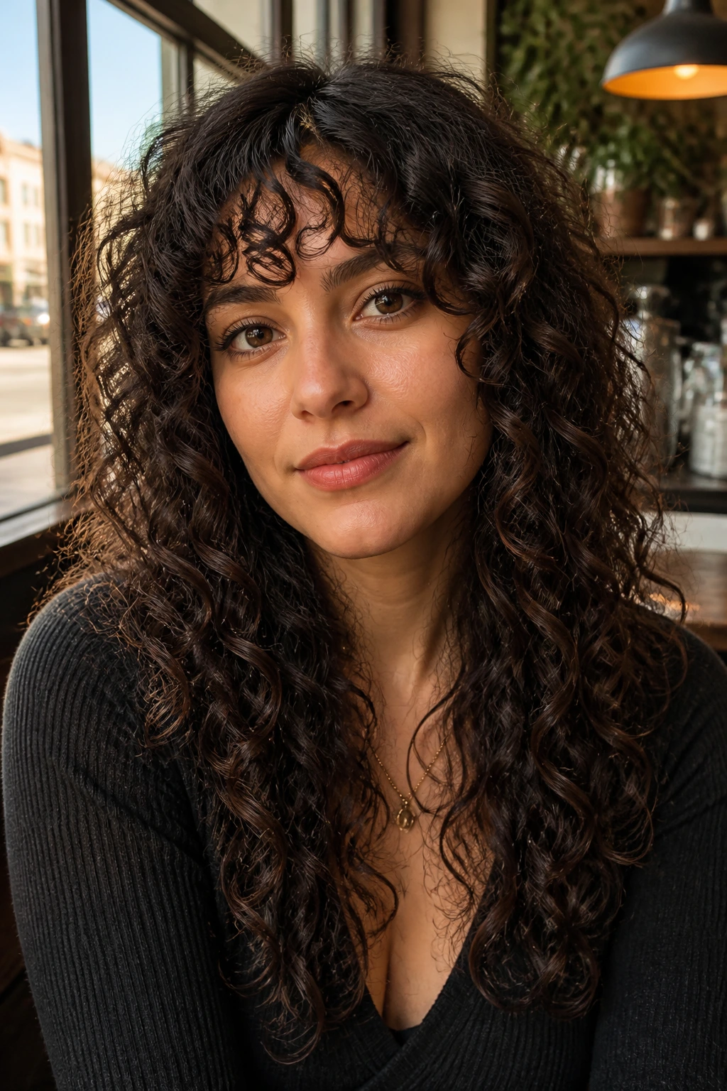 Close-up of a real woman with Curly Bangs and Long Layers hairstyle