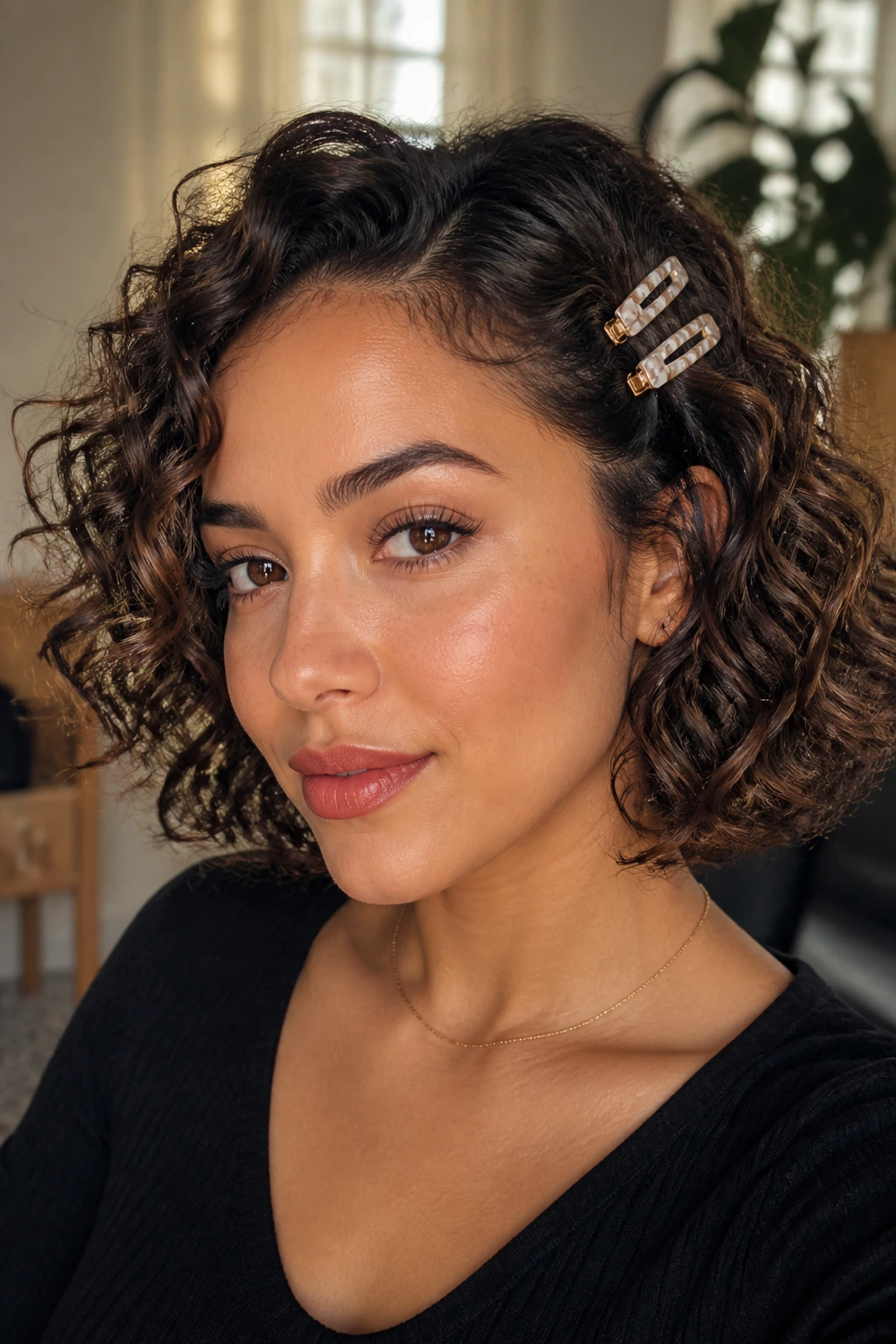 Woman with curly bob wearing decorative clips