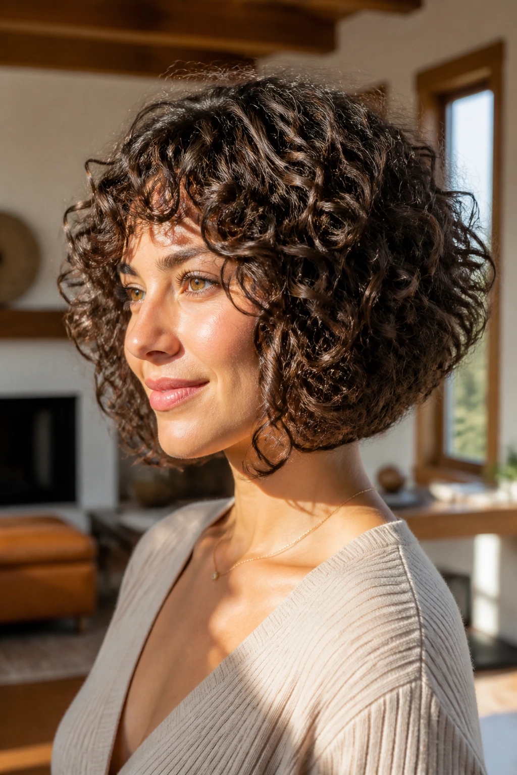 Three-quarter portrait of a real woman with a curly bob and graduated layers.