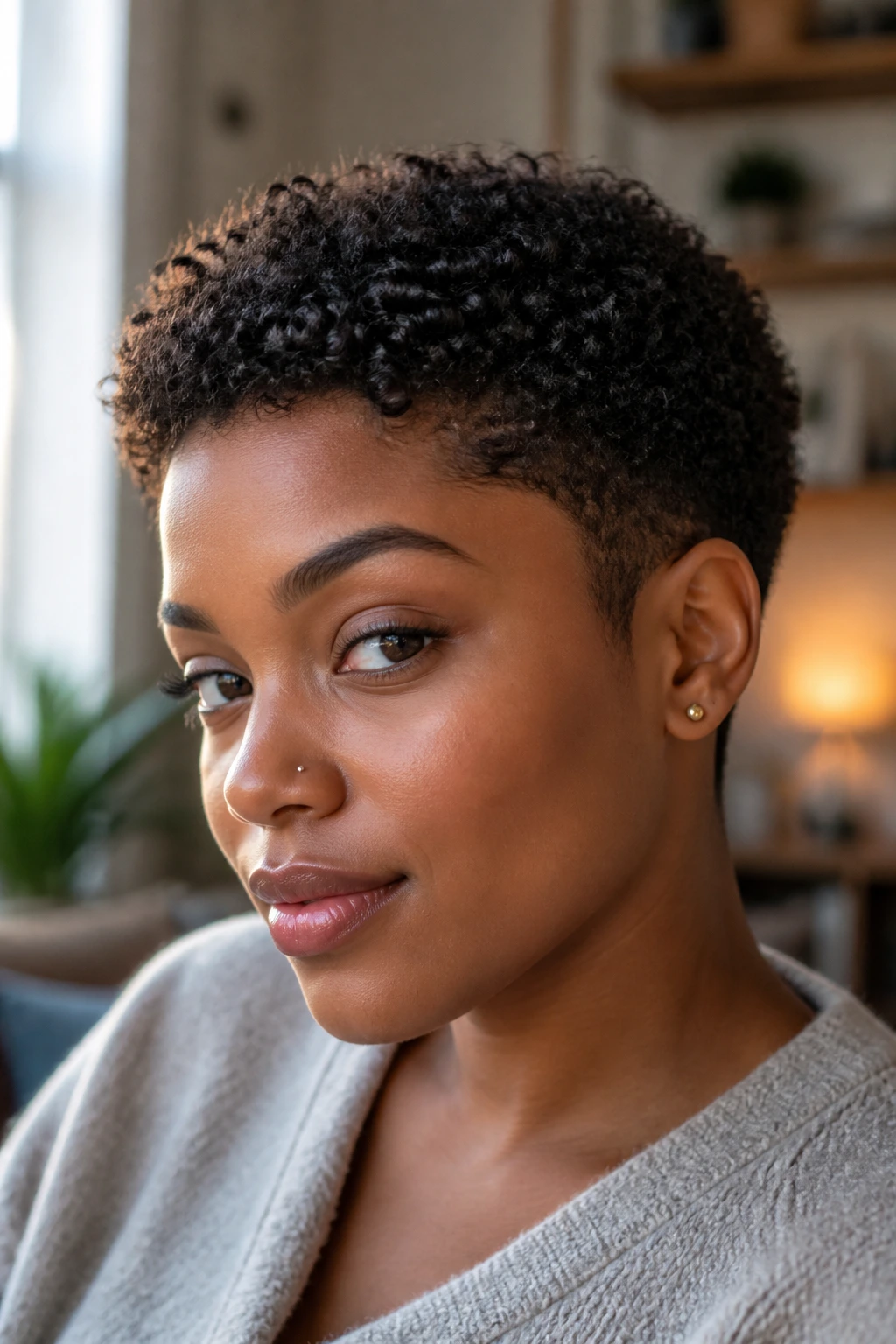 Close-up portrait of a person with a curly crew cut hairstyle in warm natural light