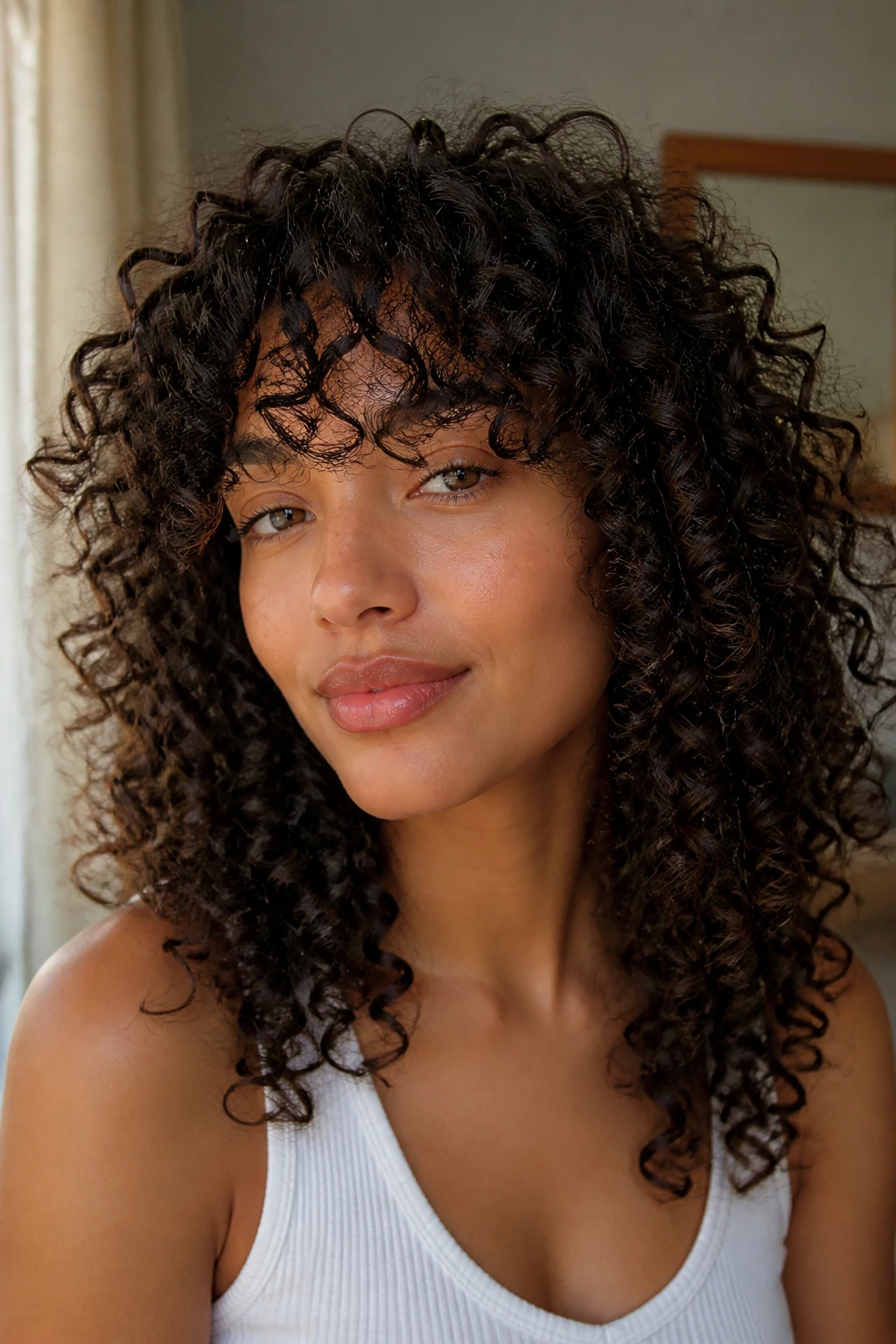 Real person with naturally curly curtain bangs formed by tight ringlets