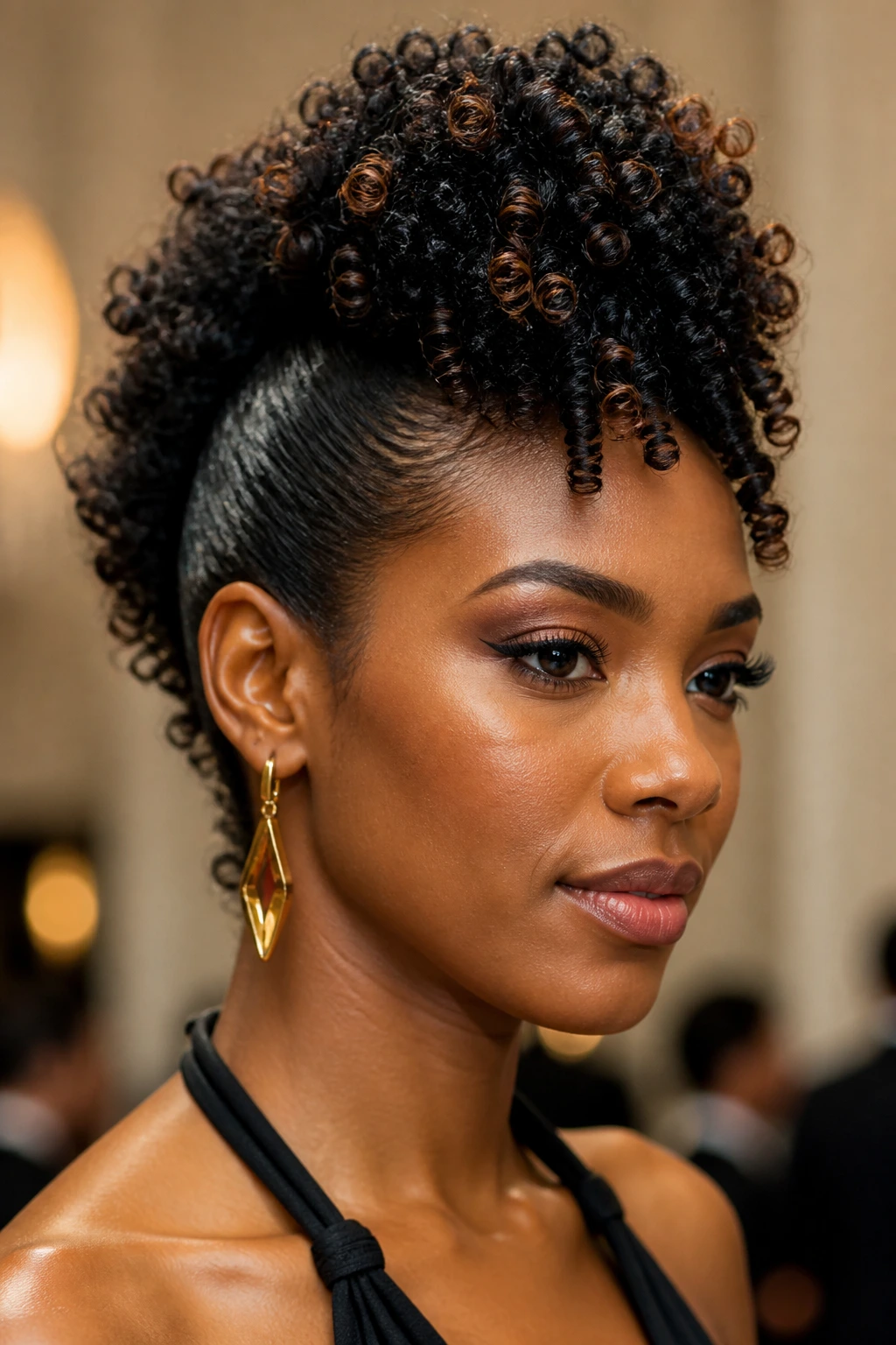Portrait of a real woman with curly faux hawk updo