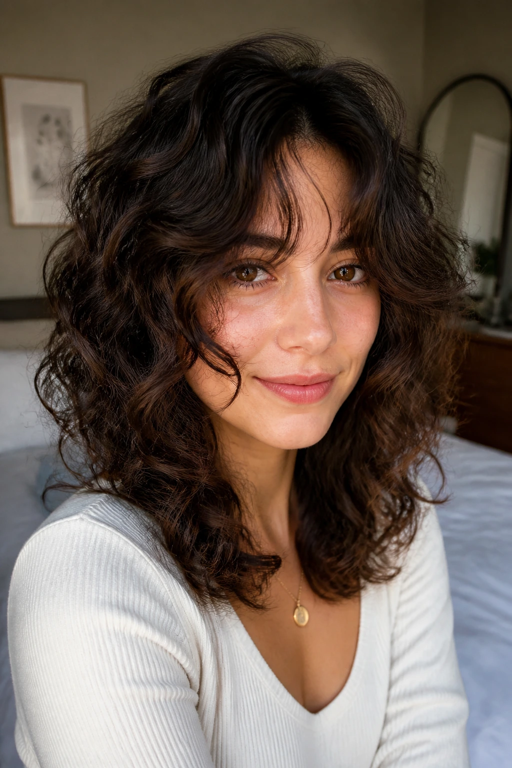 Close-up portrait of a real person with layered curls and curtain bangs in natural window light.