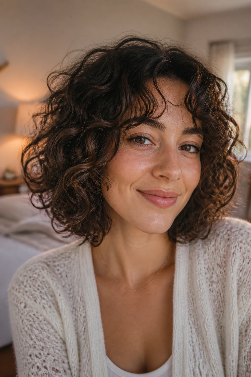 Close-up of a real person with a curly lob and soft layers in warm window light