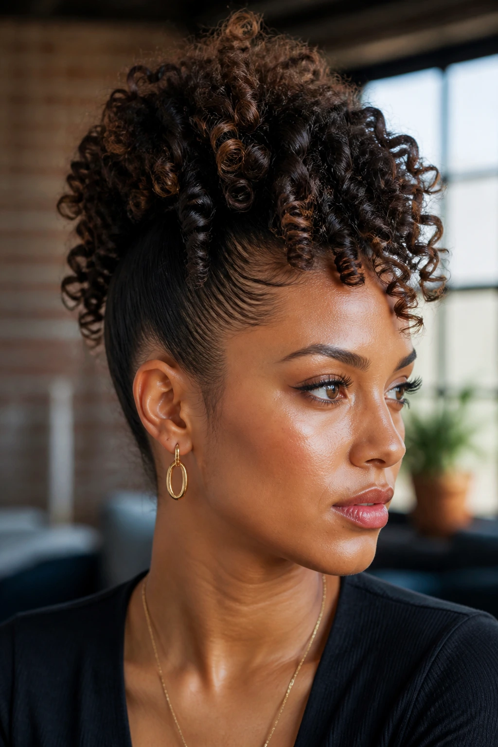 Close-up of a real woman with a high Curly Mohawk Bun in a sunlit urban loft.