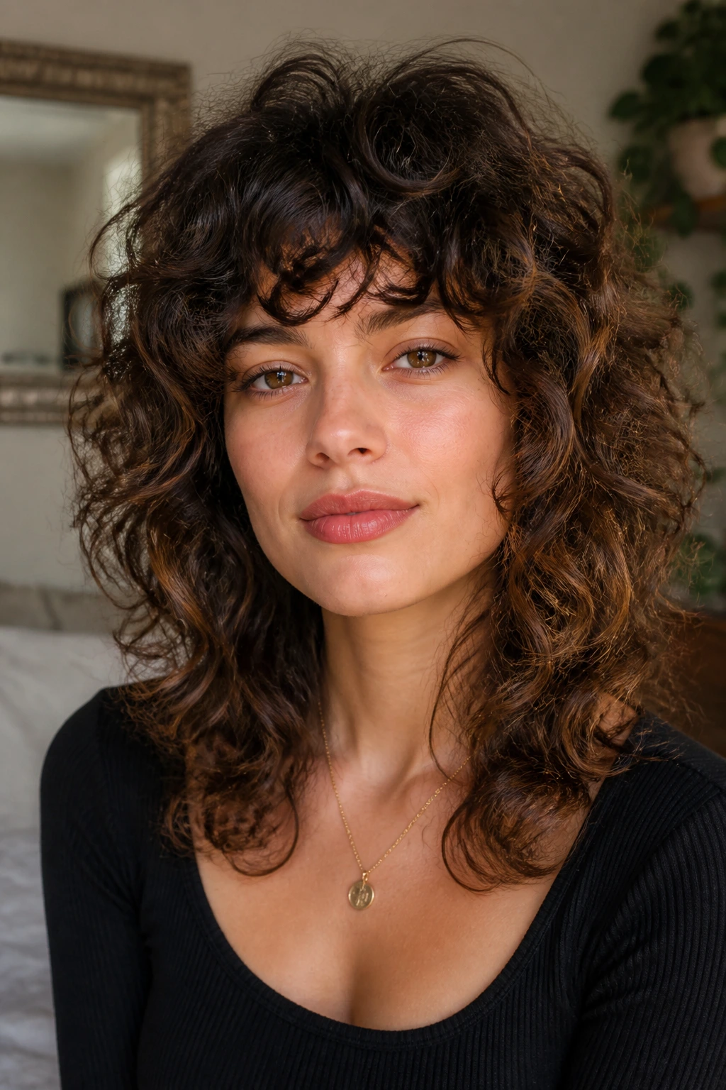 Real person with curly shag hairstyle and integrated bangs