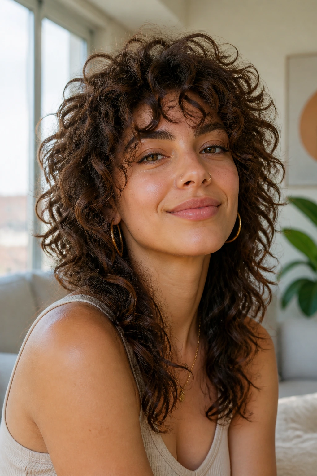 Close-up of a real woman with Curly Shag with Feathered Shape hairstyle