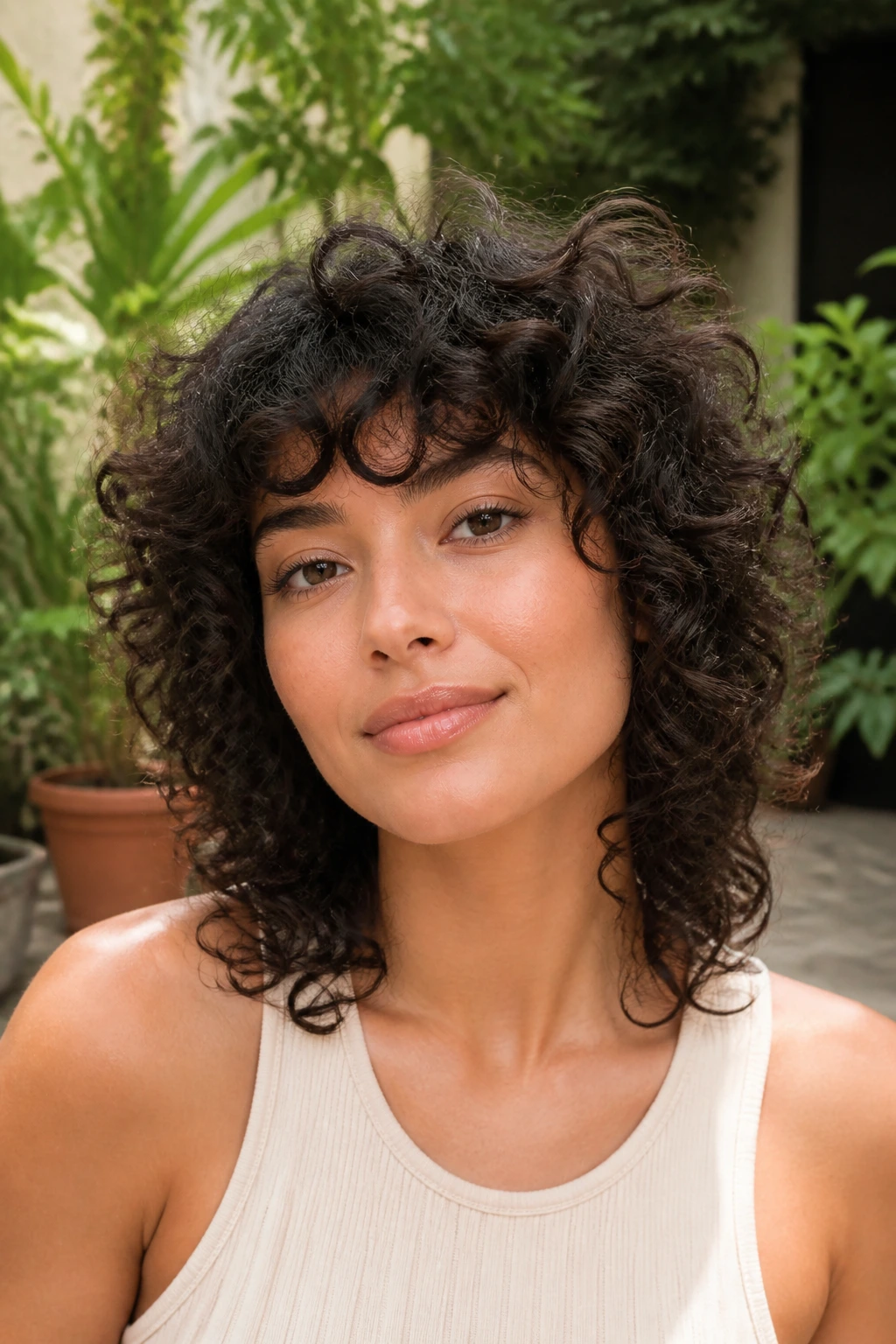 Close-up of a real woman with curly texture shag hairstyle.