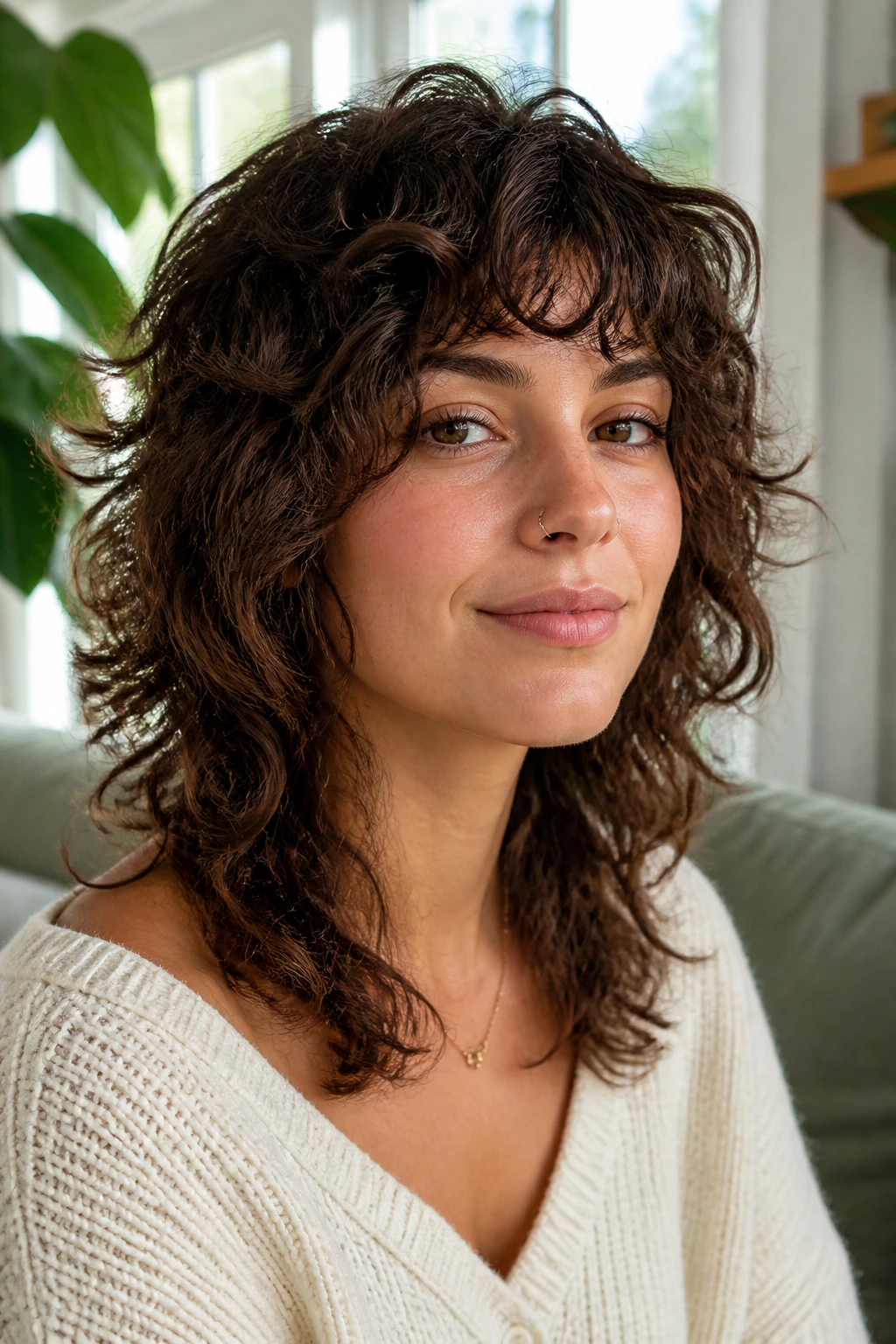 Portrait of a real person with curly shag and minimal weight.