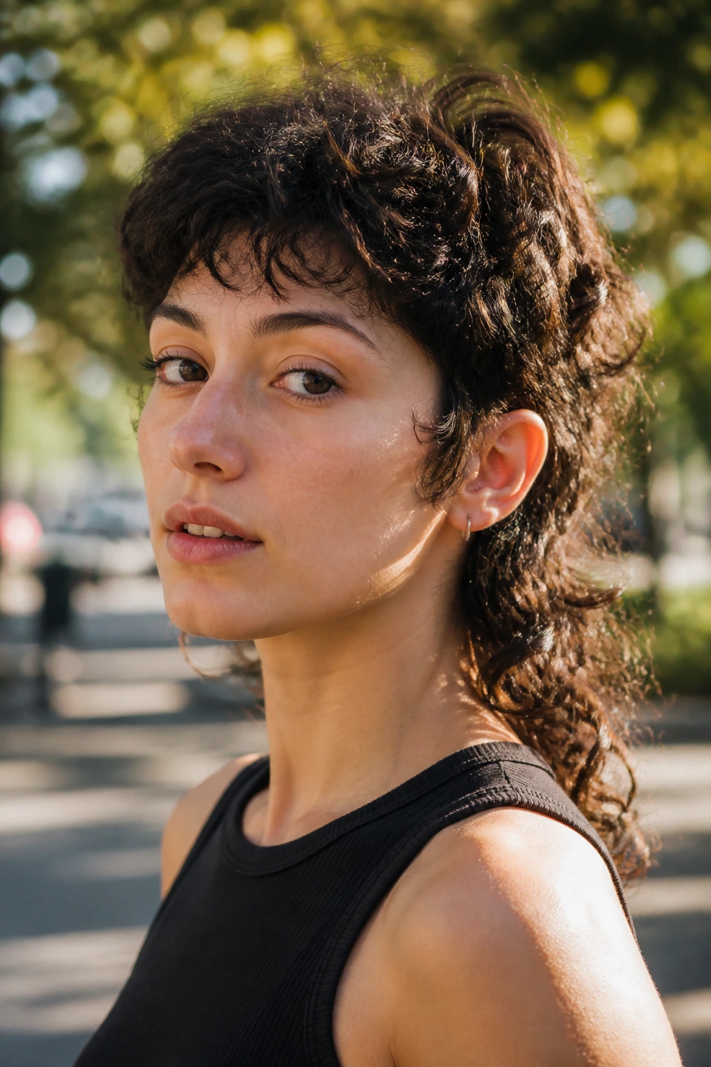 Close-up portrait of a real person with curly shullet hairstyle in natural light.