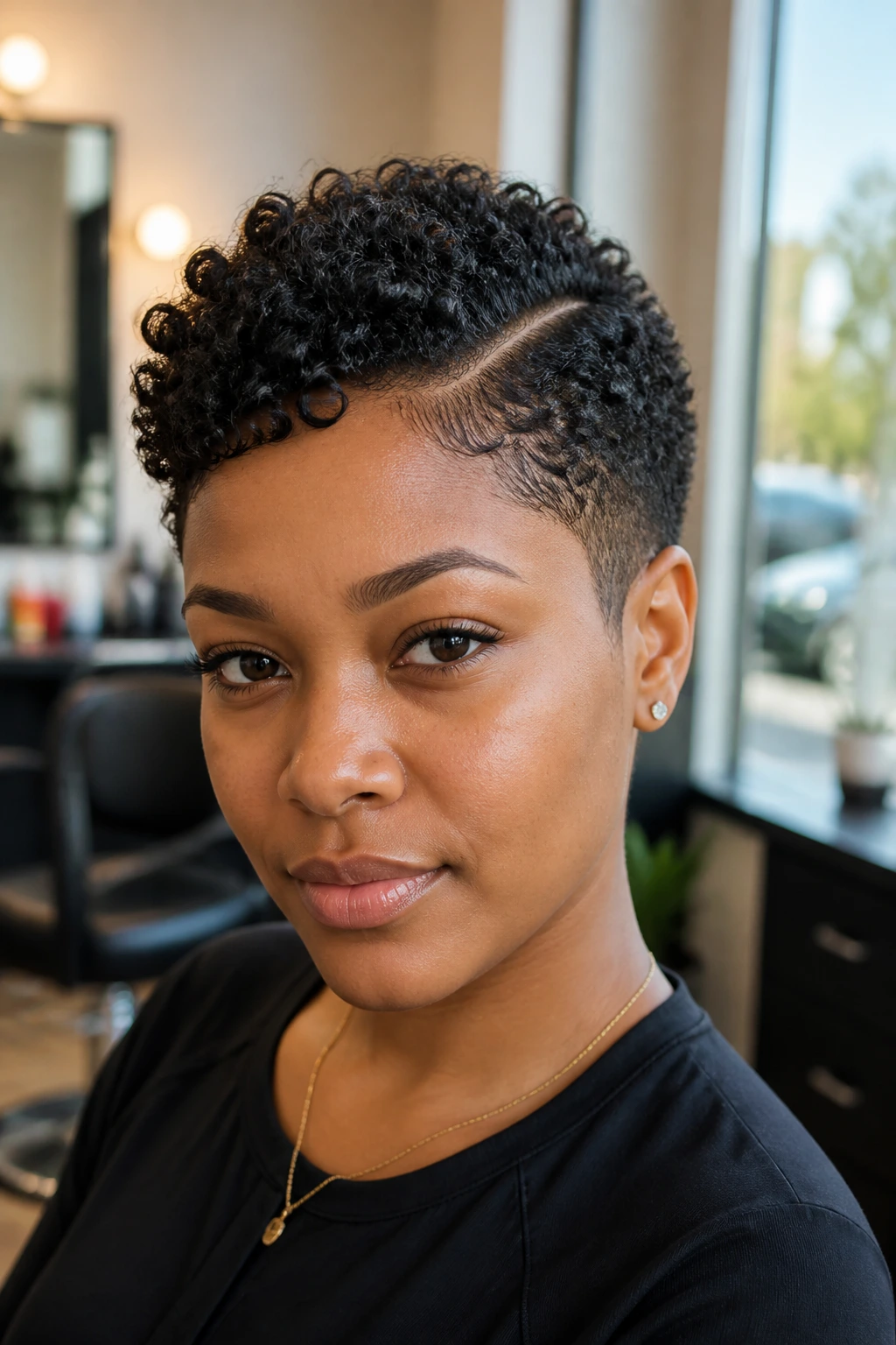 Close-up portrait of a Black woman with curly taper and side part