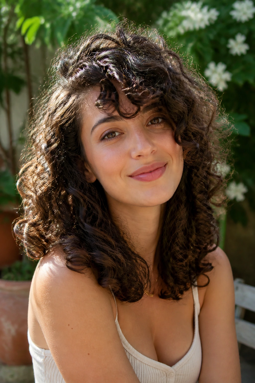 Close-up portrait of a real woman with curly side-swept bangs framing her face.