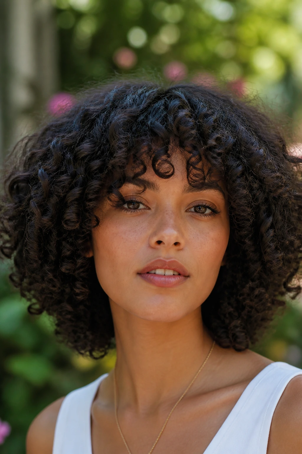 Close-up portrait of a real person with curly-texture fringe halo