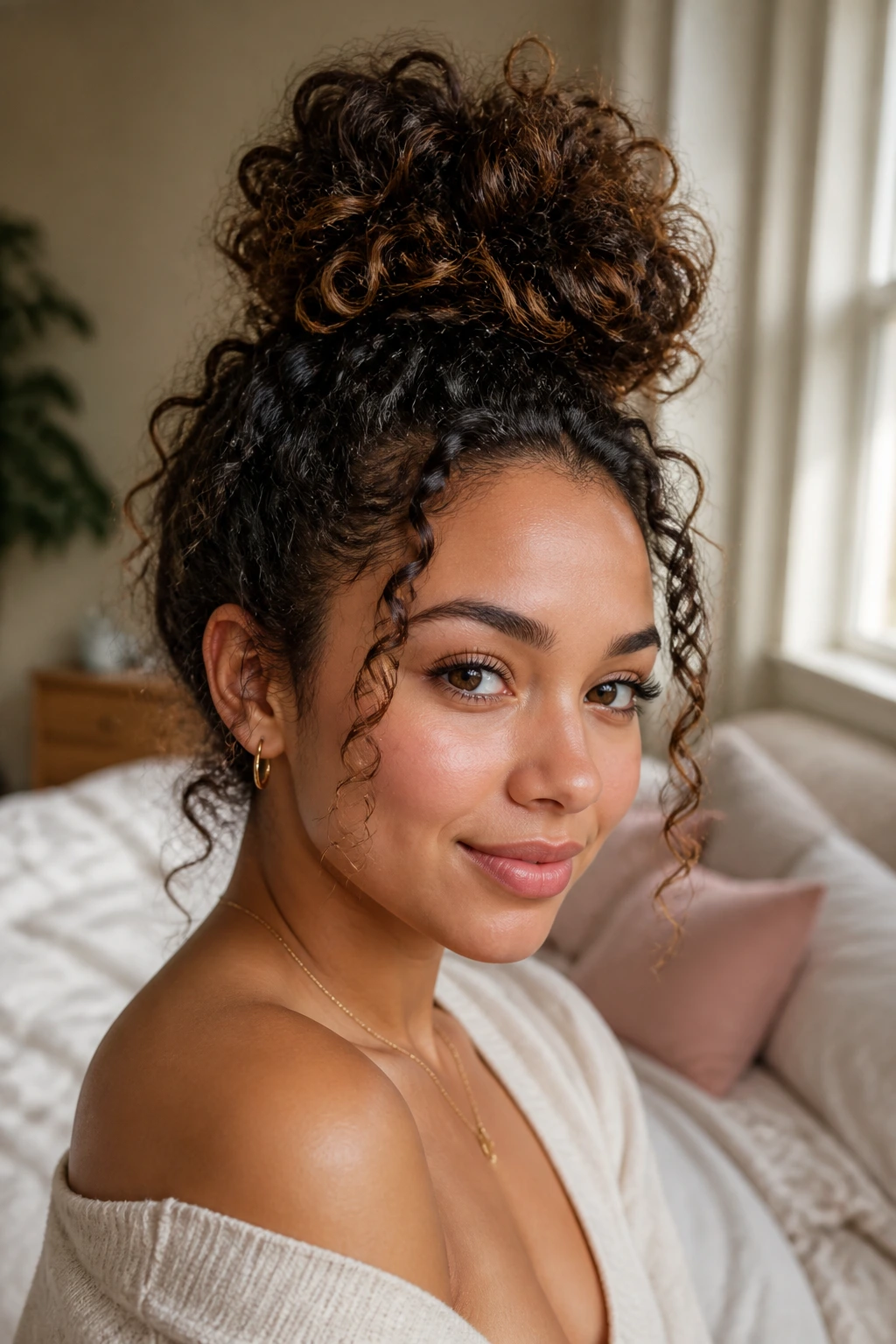 Close-up of a real woman with Curly Top Knot hairstyle