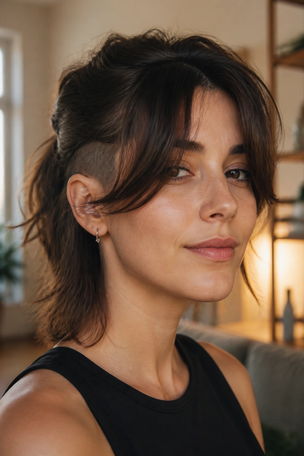 Portrait of a real woman with curtain bangs and concealed undercut in a cozy home setting