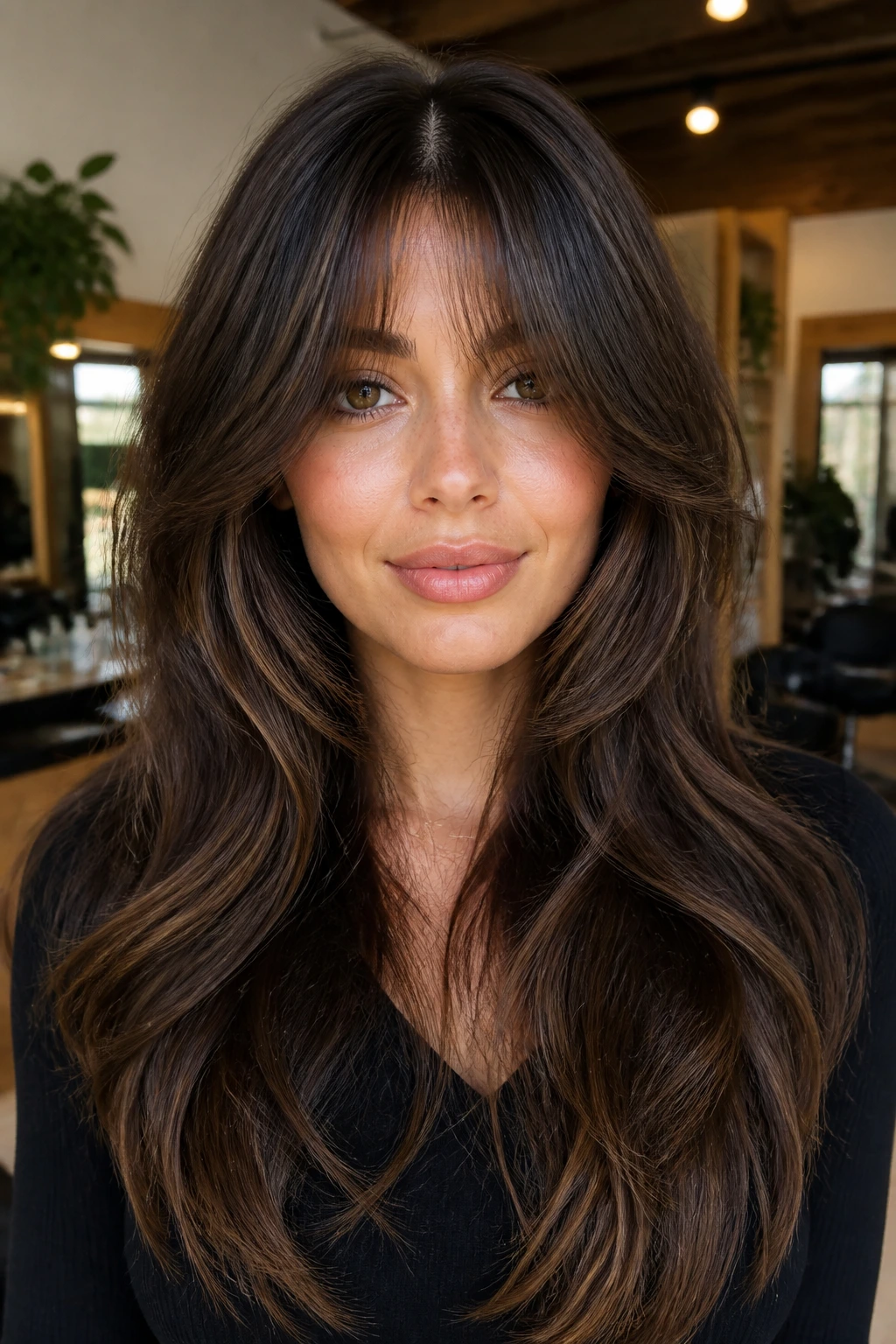 Portrait of a woman with curtain bangs blending into deep layered hair