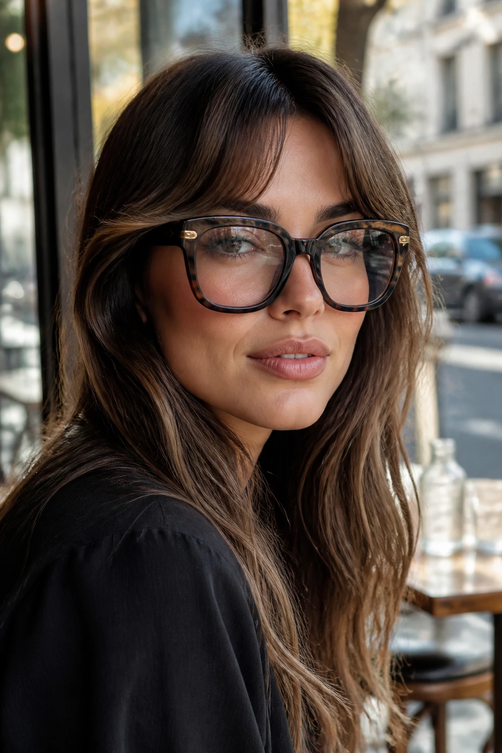 Close-up of a woman with curtain bangs and oversized glasses