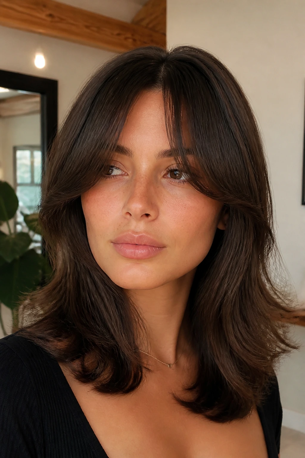 Real woman with curtain bangs close-up portrait
