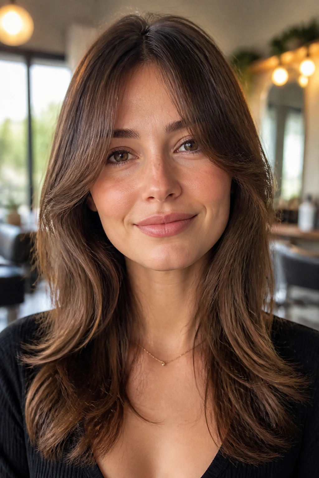 Portrait of a woman wearing wide curtain bangs covering a high forehead