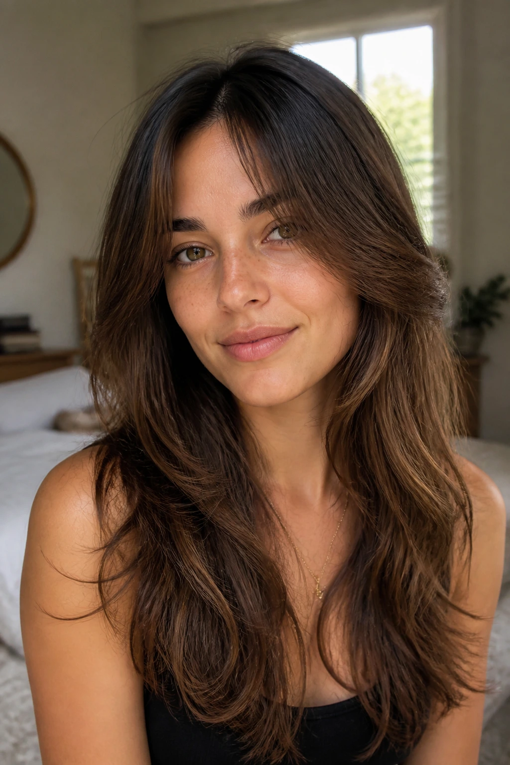 Close-up portrait of a woman with center-part curtain bangs in soft bedroom light