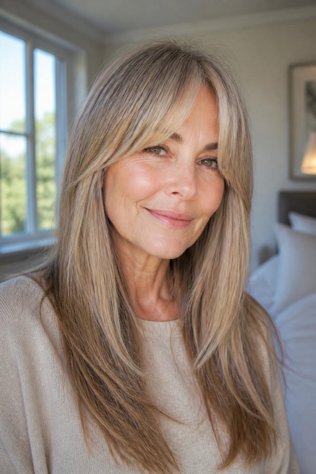 Close-up portrait of a real woman with long straight hair and curtain bangs in warm natural light