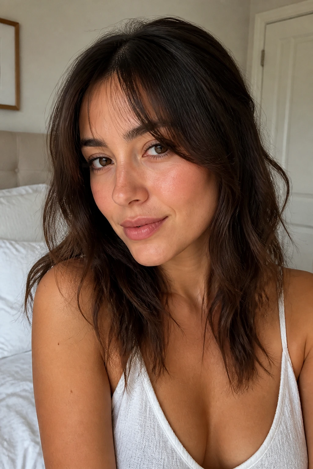 Portrait of a woman with light, airy curtain bangs for a low forehead