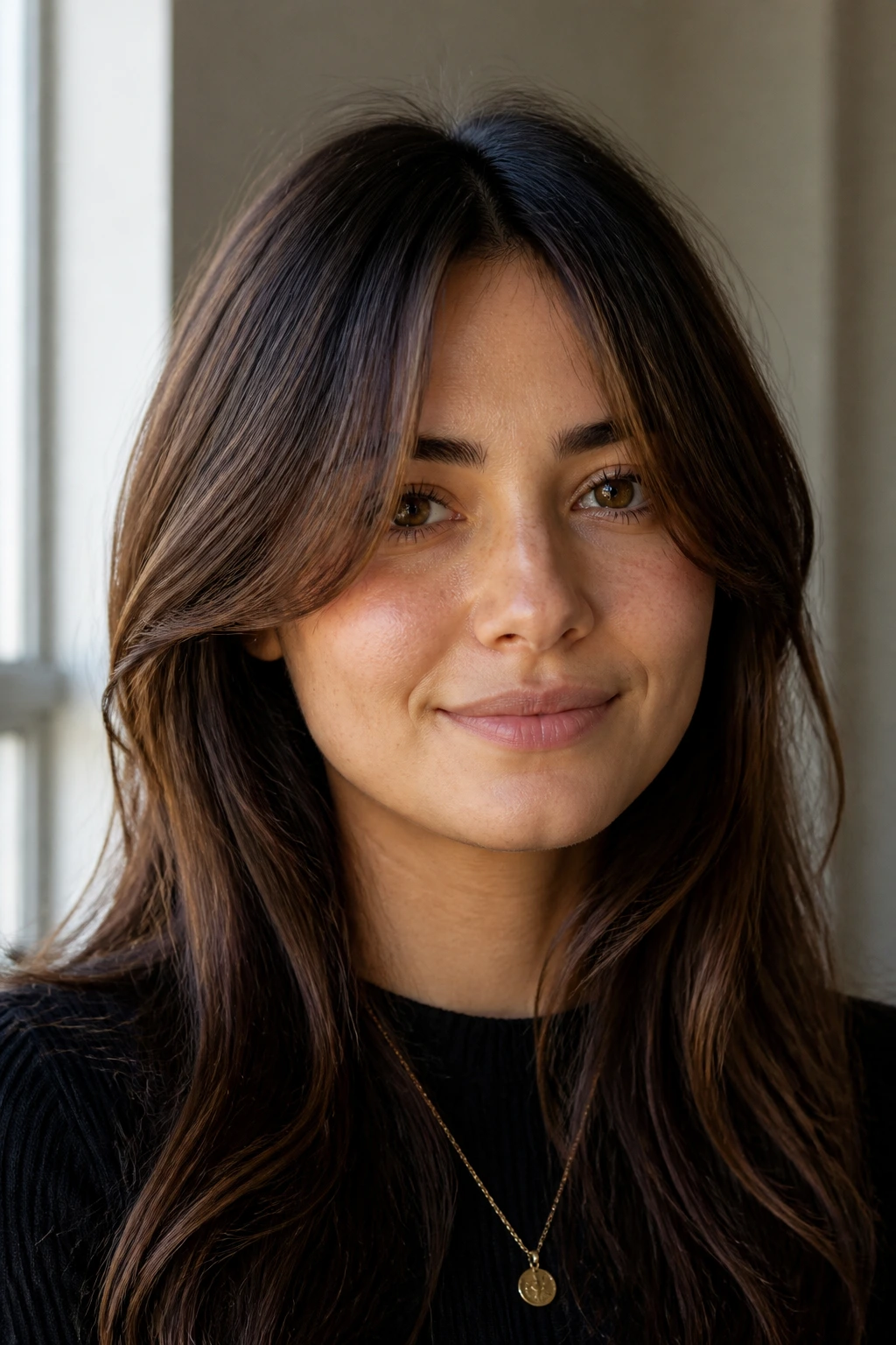 Close-up portrait of a real woman with curtain bangs
