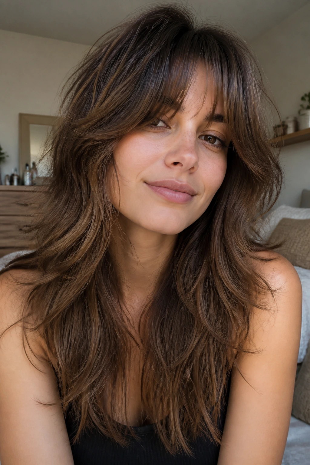 Close-up of a real woman with heavy curtain bangs and long shaggy layers