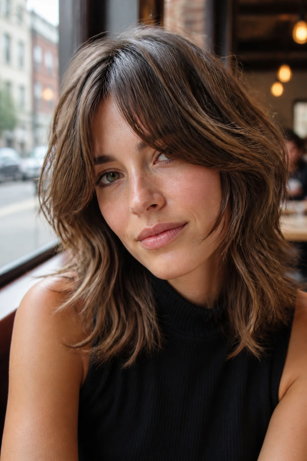 Portrait of woman with curtain bangs and face-framing shag.