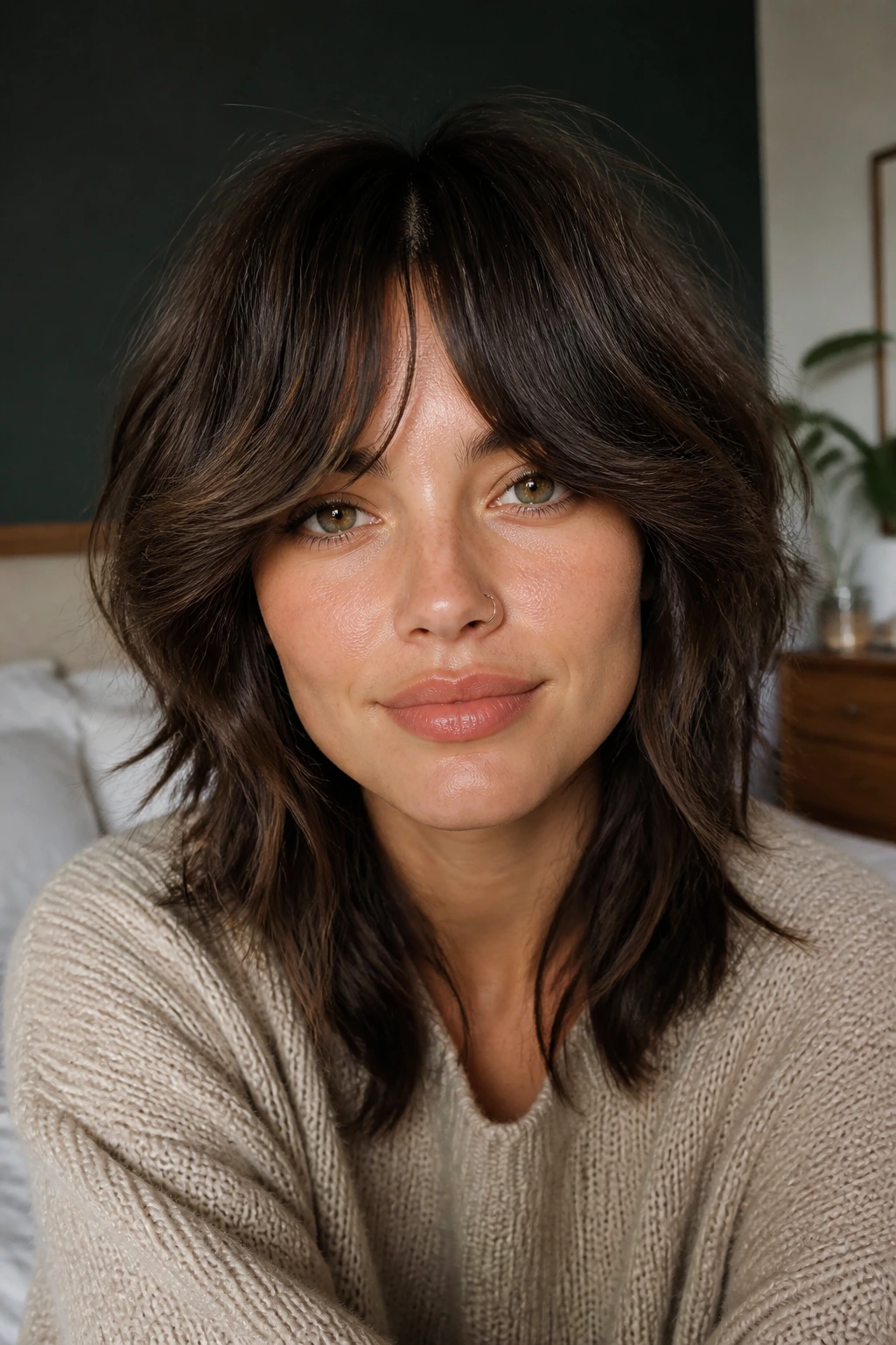 Close-up of a real woman with curtain bangs and soft contouring.