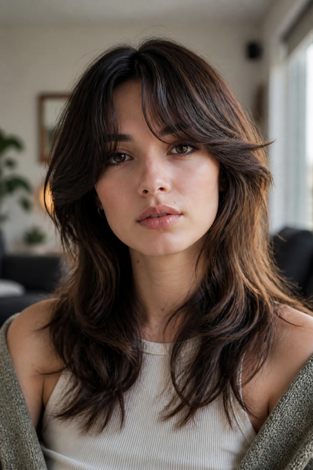 Close-up of a real person with curtain bangs integrated into a wolf cut, soft window light